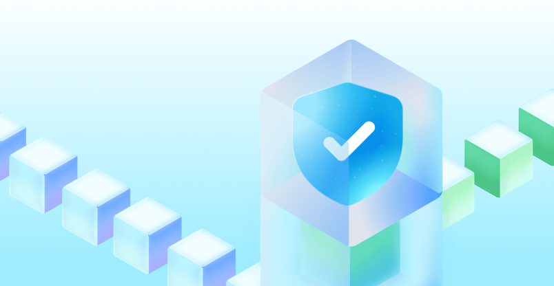 An abstract illustration of connected blocks surrounding a central shield with a checkmark representing secure and verified systems.