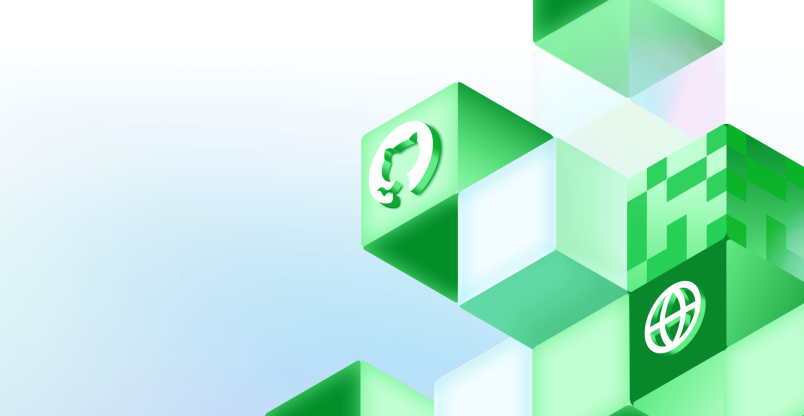 Geometric blocks featuring the GitHub invertocat logo and a web icon in a decorative background.