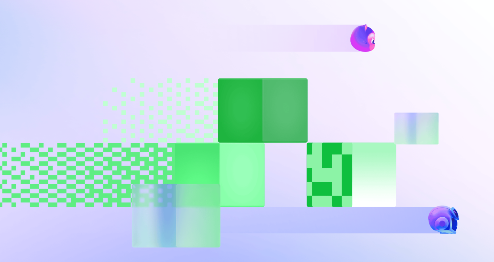 Decorative background featuring two Copilot figures moving among abstract green and translucent blocks.