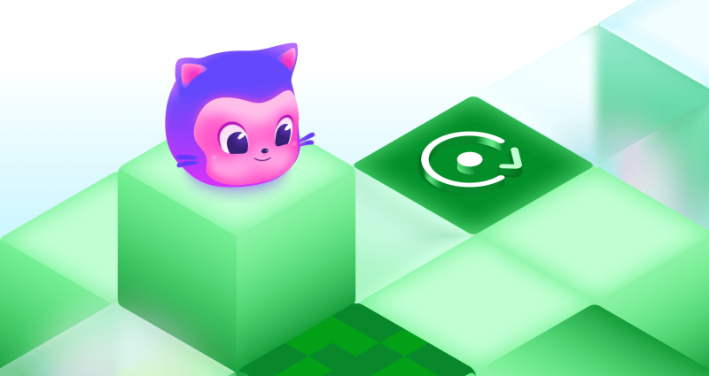 Mona sits on a raised green block beside another block displaying a circular refresh-style icon.