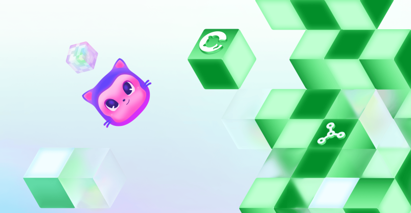 Mona floating among green cubes featuring GitHub invertocat logos in a decorative scene.