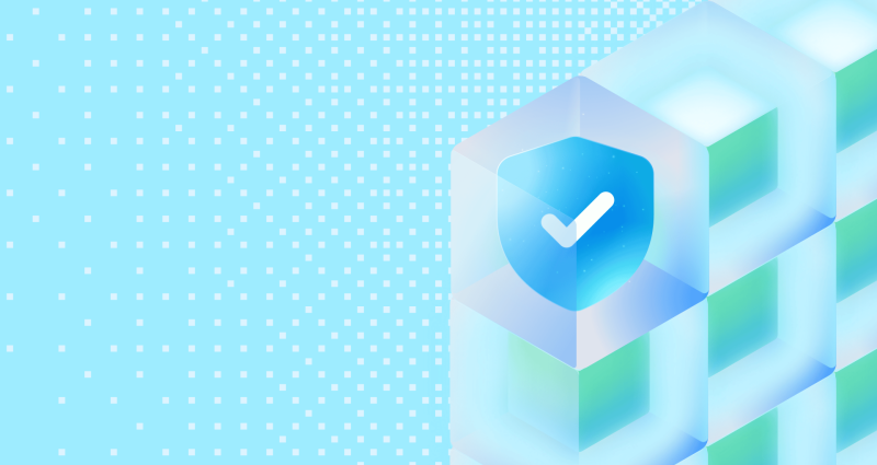 A decorative background featuring a shield with a checkmark symbol suggesting security or verification.