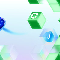 Copilot moves through a decorative field of floating cubes marked with sync and check icons.