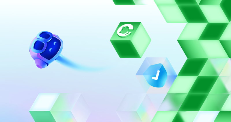 Copilot moves through a decorative field of floating cubes marked with sync and check icons.