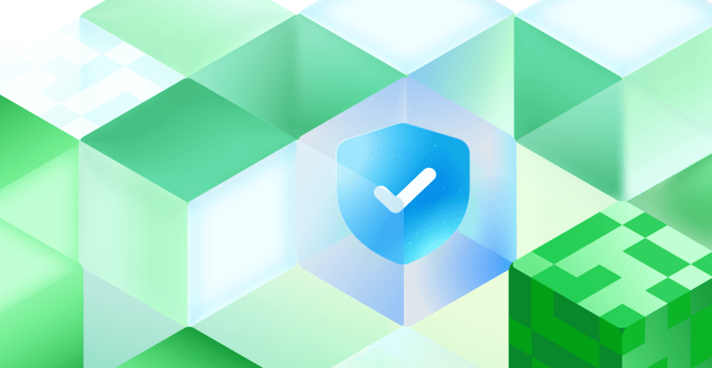 A grid of abstract cubes highlights a central cube displaying a shield with a checkmark to represent security.