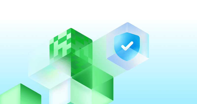 Decorative image featuring geometric blocks with a shield icon displaying a check mark to represent security.