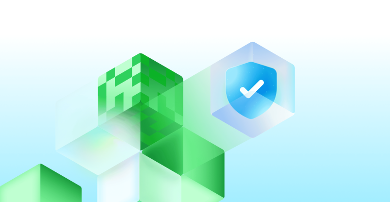 Decorative image featuring geometric blocks with a shield icon displaying a check mark to represent security.