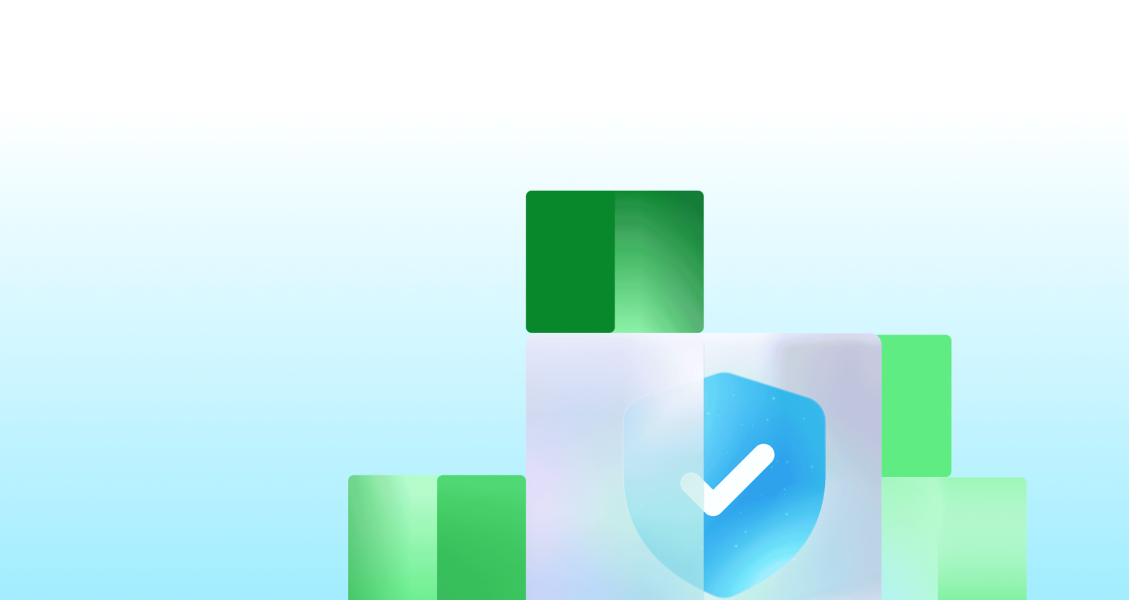 A shield with a checkmark icon appears centered among decorative green blocks.