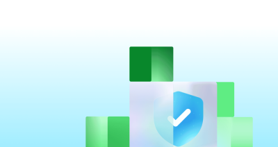 A shield with a checkmark icon appears centered among decorative green blocks.