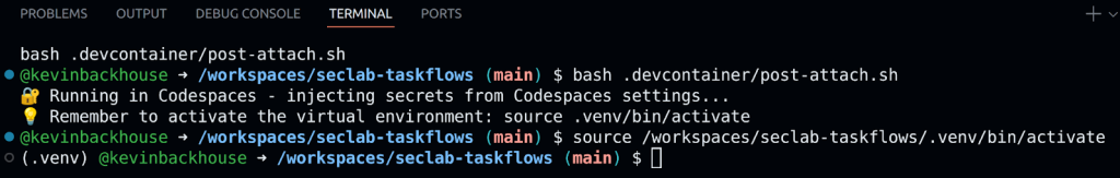 Screenshot of the terminal window in the newly started codespace, showing the (.venv) prompt.