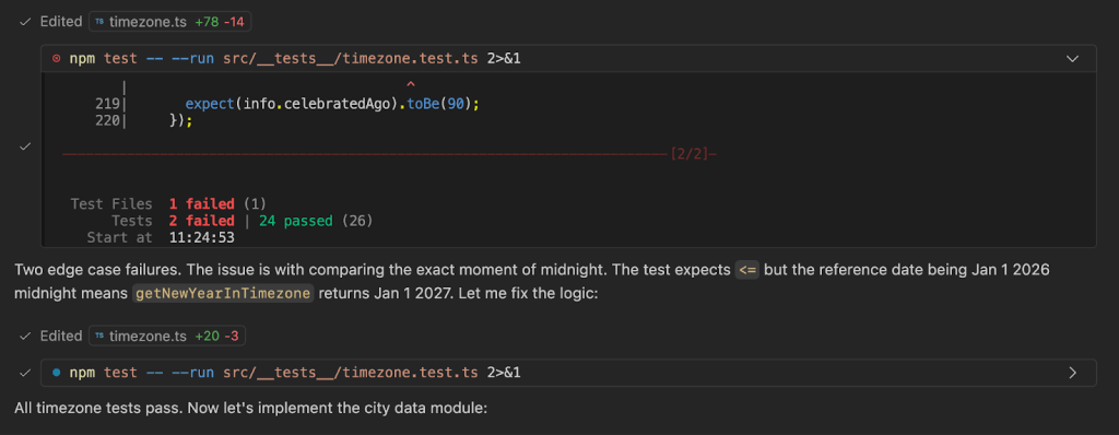 Screenshot of Copilot Chat in Visual Studio Code showing GitHub Copilot making implementation changes, running tests and identifying a test failure. Copilot iterates based on the failure, and re-runs the tests to obtain a green set of tests.