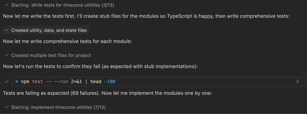 Screenshot of Copilot Chat in Visual Studio Code showing GitHub Copilot following a TDD cycle; failing tests first, then implementation.