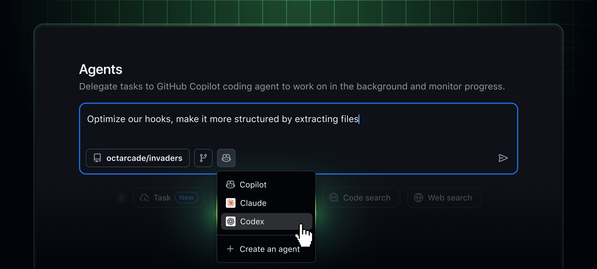 GitHub Copilot UI with agent picker menu showing Claude and Codex agents