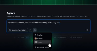 GitHub Copilot UI with agent picker menu showing Claude and Codex agents