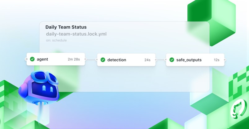 A decorative header image showing agent - detection - safe_outputs and a GitHub Copilot logo.