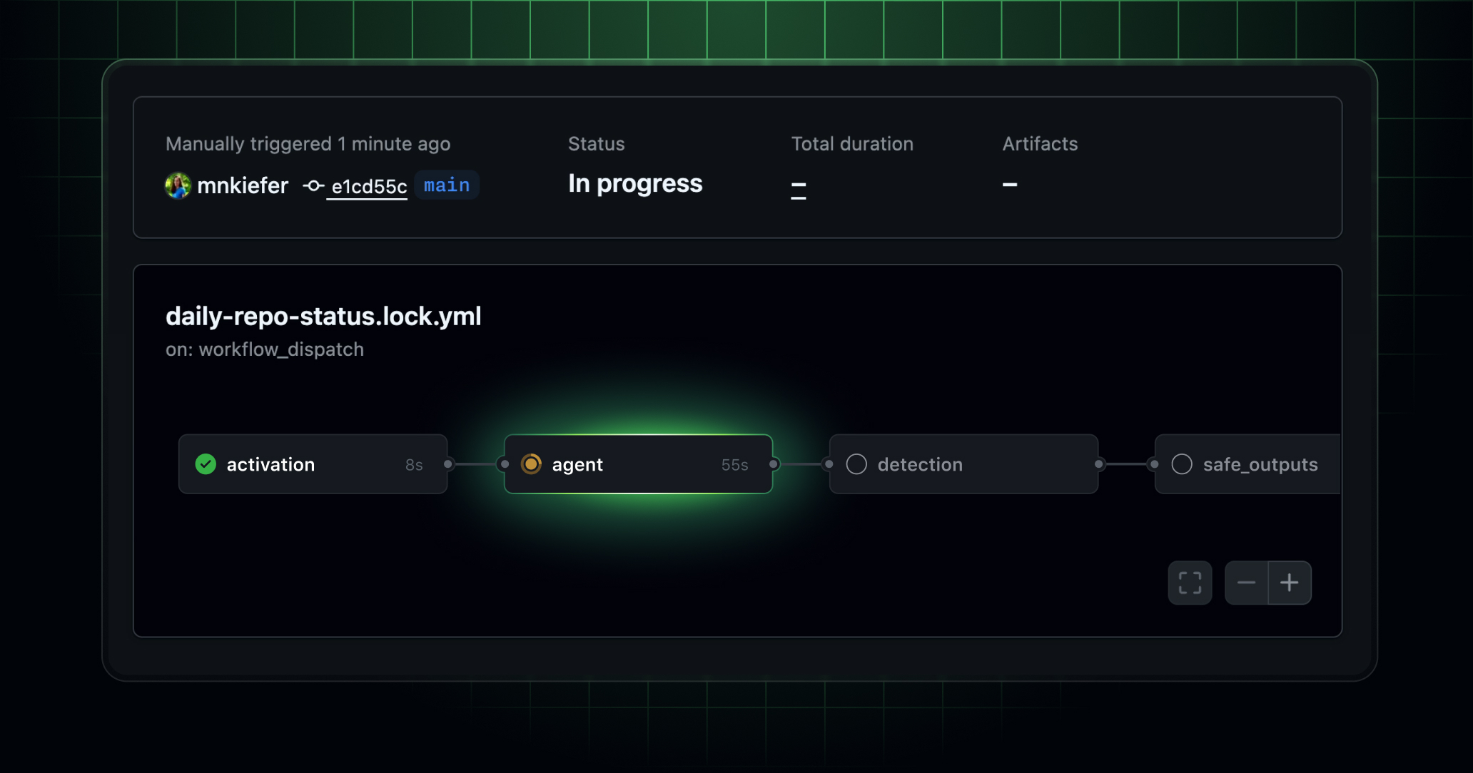 GitHub actions workflow diagram UI highlighting a step called agent