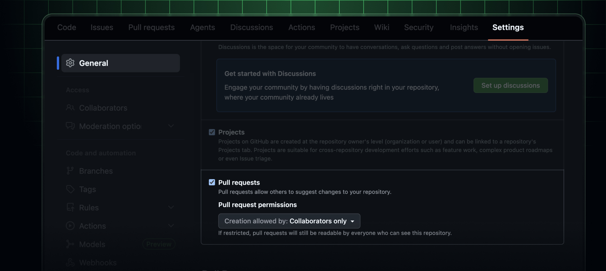 Header image showing the new repository setting to disable or restrict pull requests