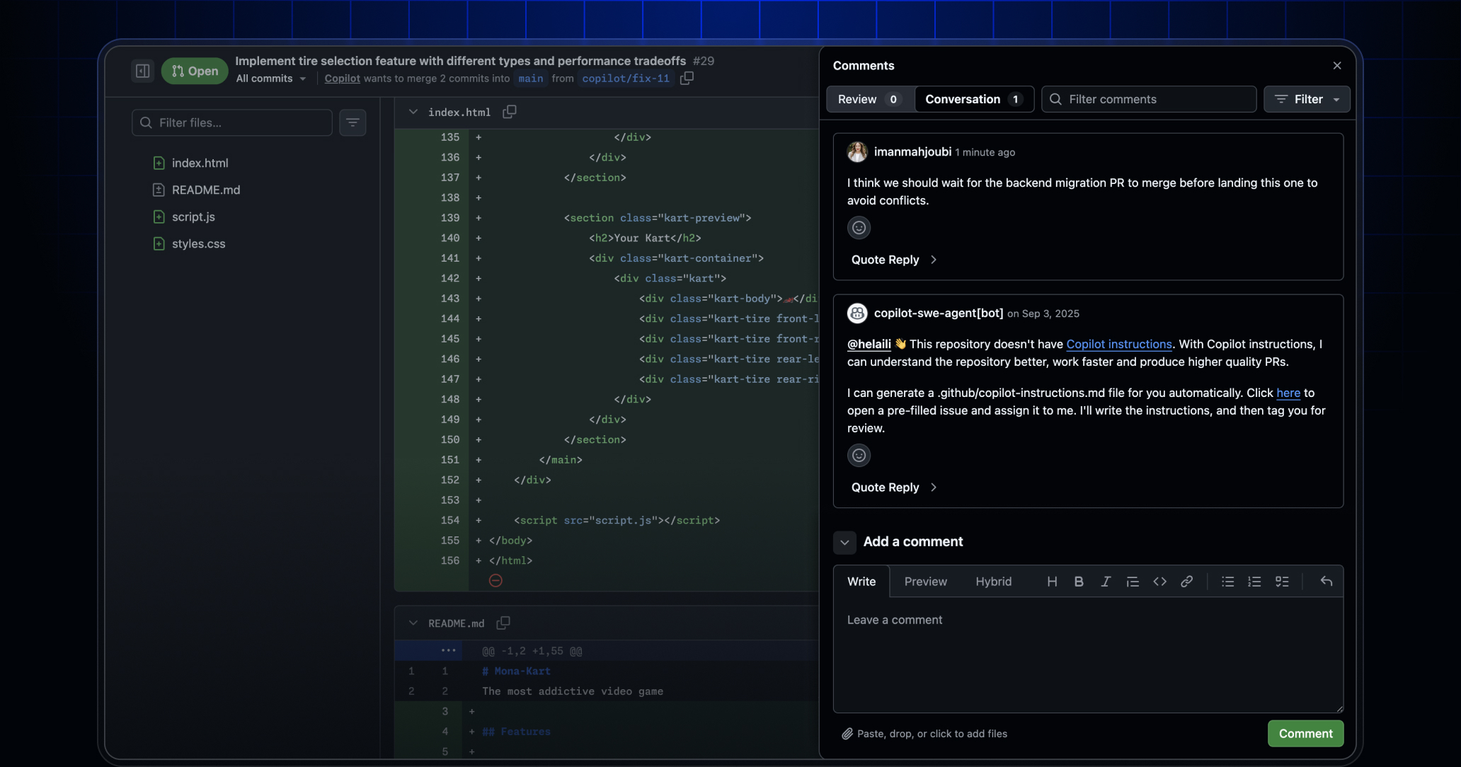 Comments panel in the new Files changed page