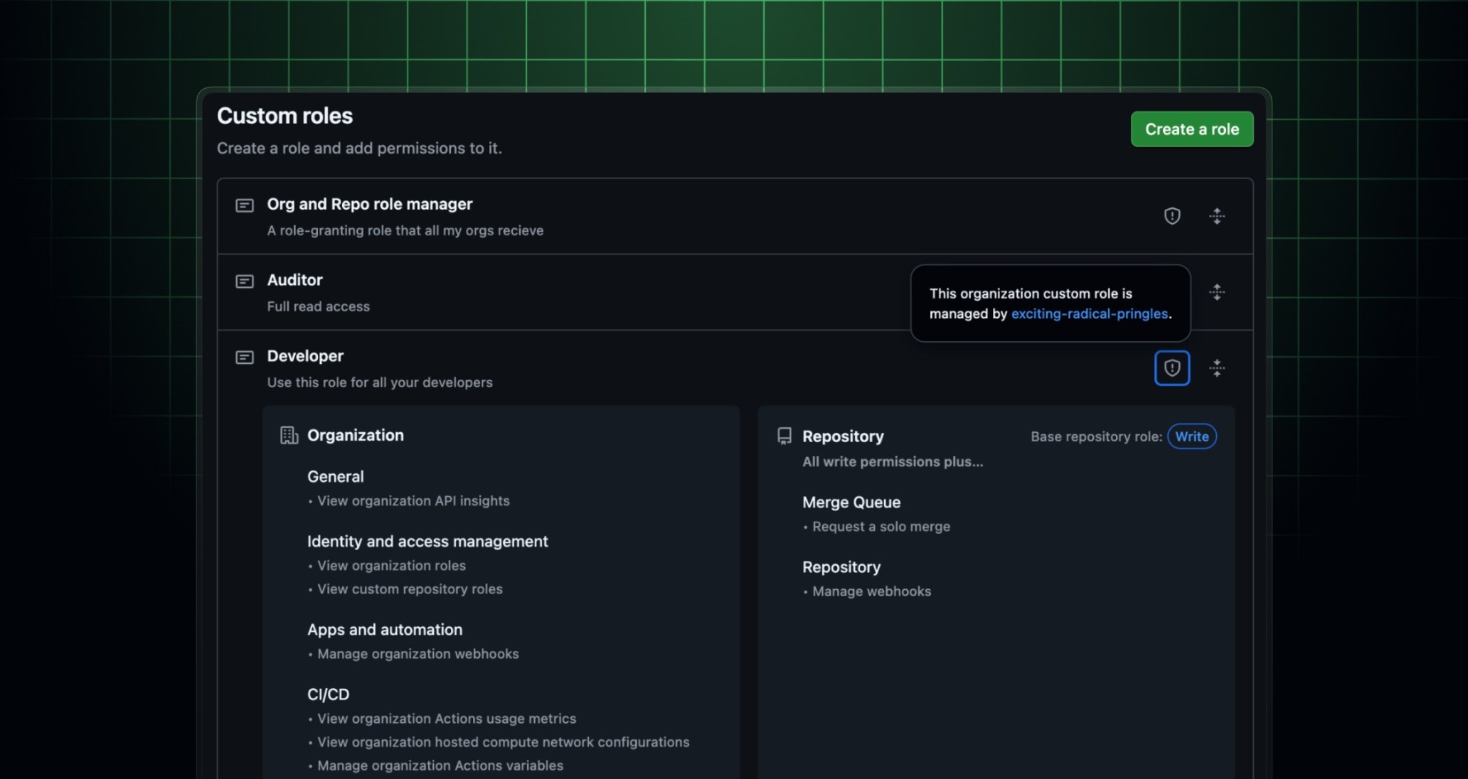 A screenshot showing an enterprise-created organization role, with a badge in the UI explaining that the role was created in the enterprise that owns the organization