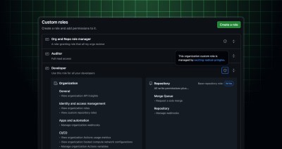 A screenshot showing an enterprise-created organization role, with a badge in the UI explaining that the role was created in the enterprise that owns the organization