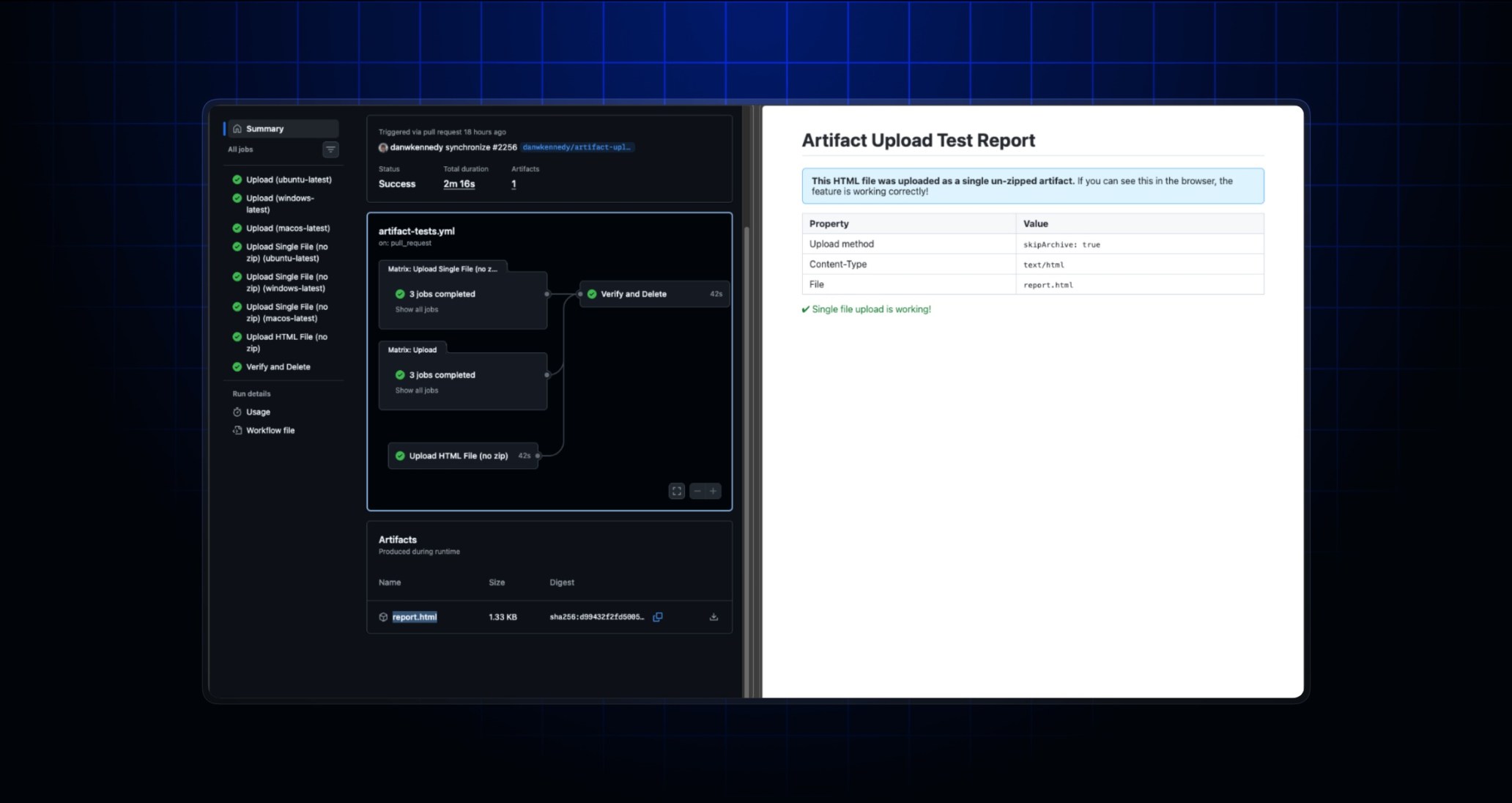 Split view showing a workflow with creating artifacts and that artifact opened directly from the browser