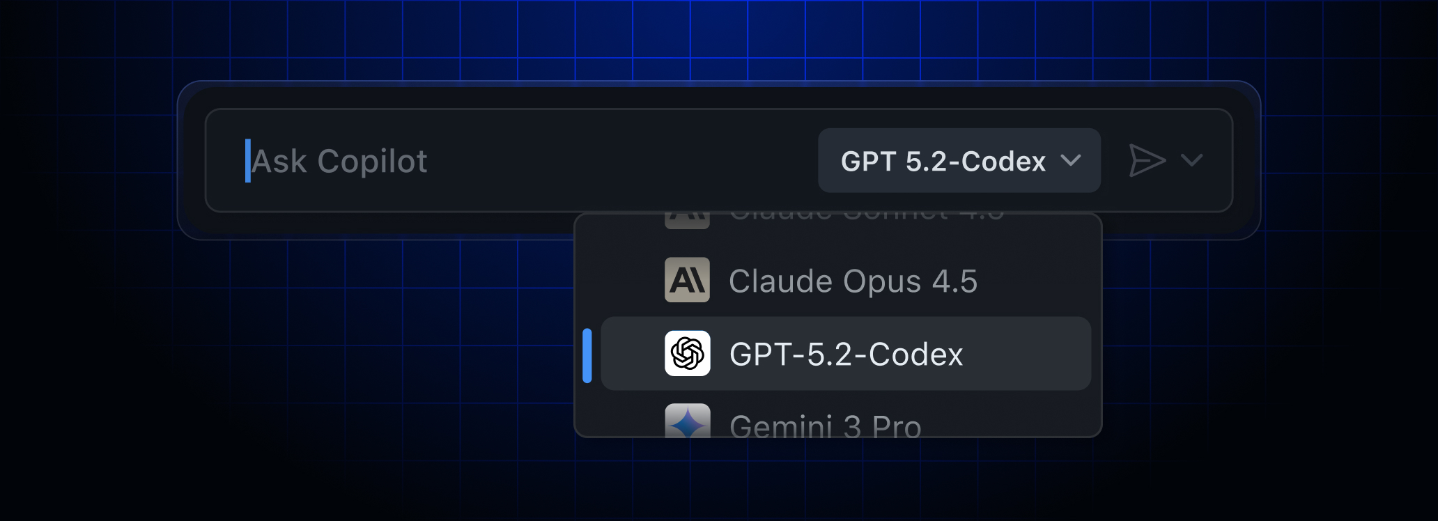 GitHub Copilot model picker with model list expanded.