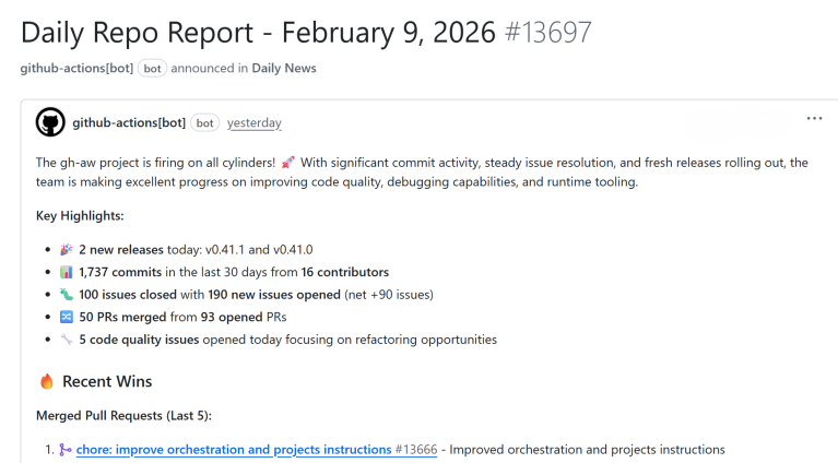 「Daily Repo Report - February 9, 2026」というタイトルのGitHub Issueのスクリーンショット。主なハイライトとして、2つの新しいリリース、16人のコントリビューターからの1,737コミット、190件の新規Issueに対して100件のIssueがクローズ、93件のオープンプルリクエストから50件のプルリクエストがマージ、5件のコード品質Issueがオープンされたことが表示されています。