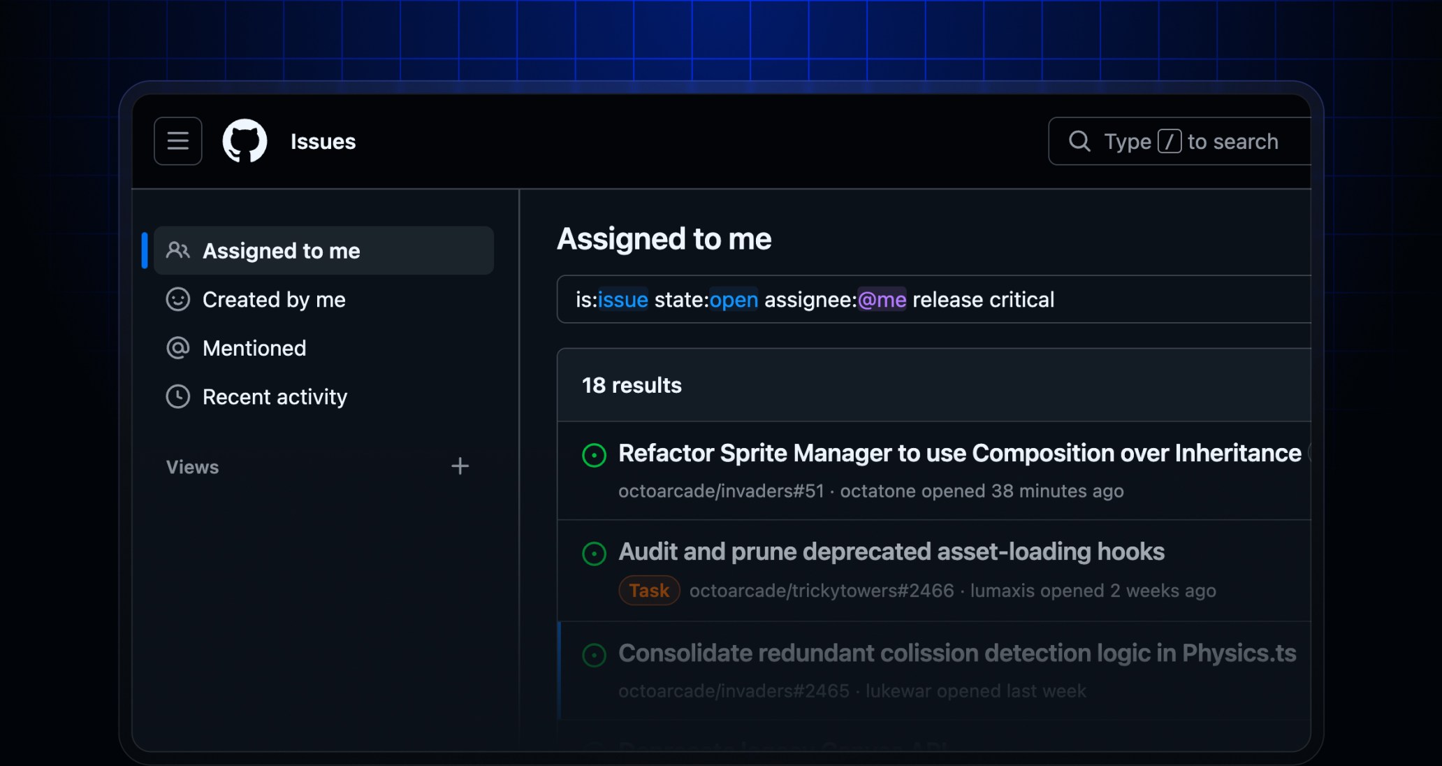 GitHub issues list filtered by assignee