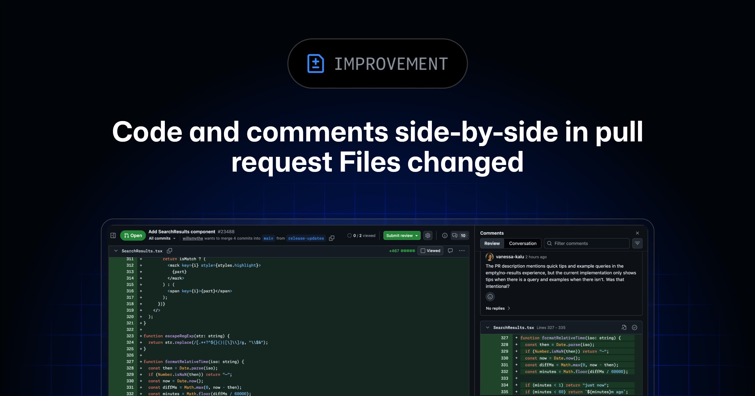 View code and comments side-by-side in pull request Files changed