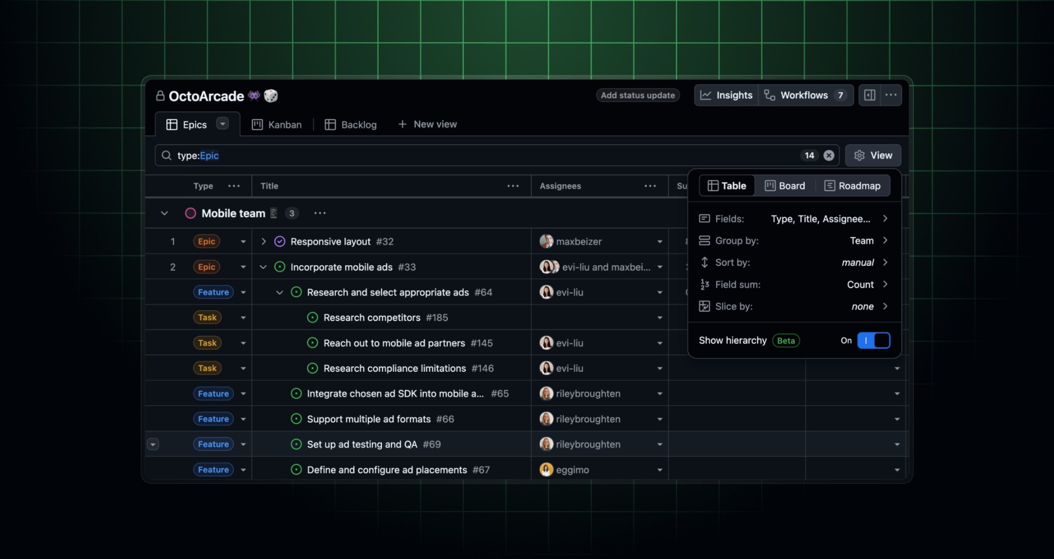 A GitHub project view displaying the full hierarchy of issues.