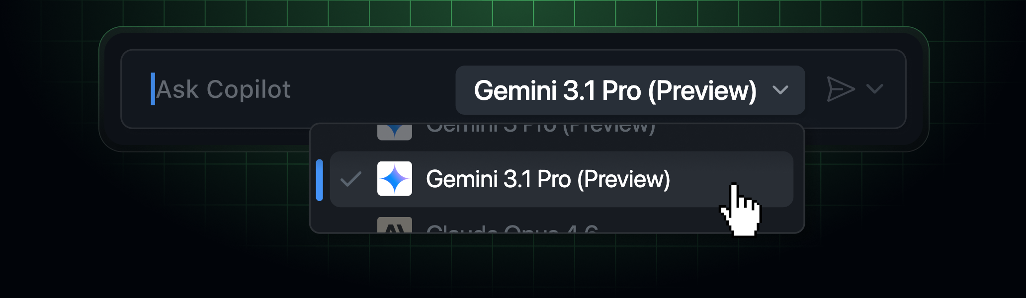 Model picker showing Gemini 3.1 Pro being selected