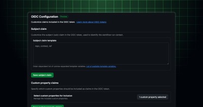GitHub OIDC Configuration preview showing subject claim customization with a template using repo, context, ref, plus options to save and manage custom property claims.