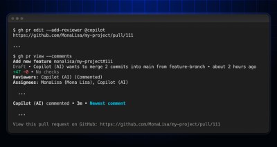 A terminal showing gh pr edit with add-reviewer copilot requesting a Copilot code review, followed by gh pr view with comments showing Copilot listed as a reviewer with a comment on the pull request