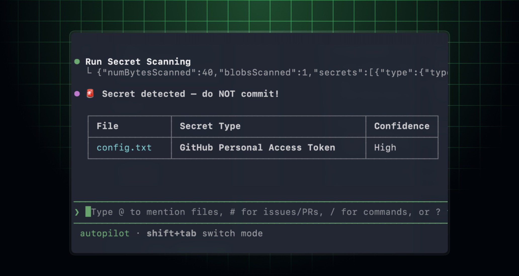 Secret scanning results surfaced in an MCP-enabled developer workflow