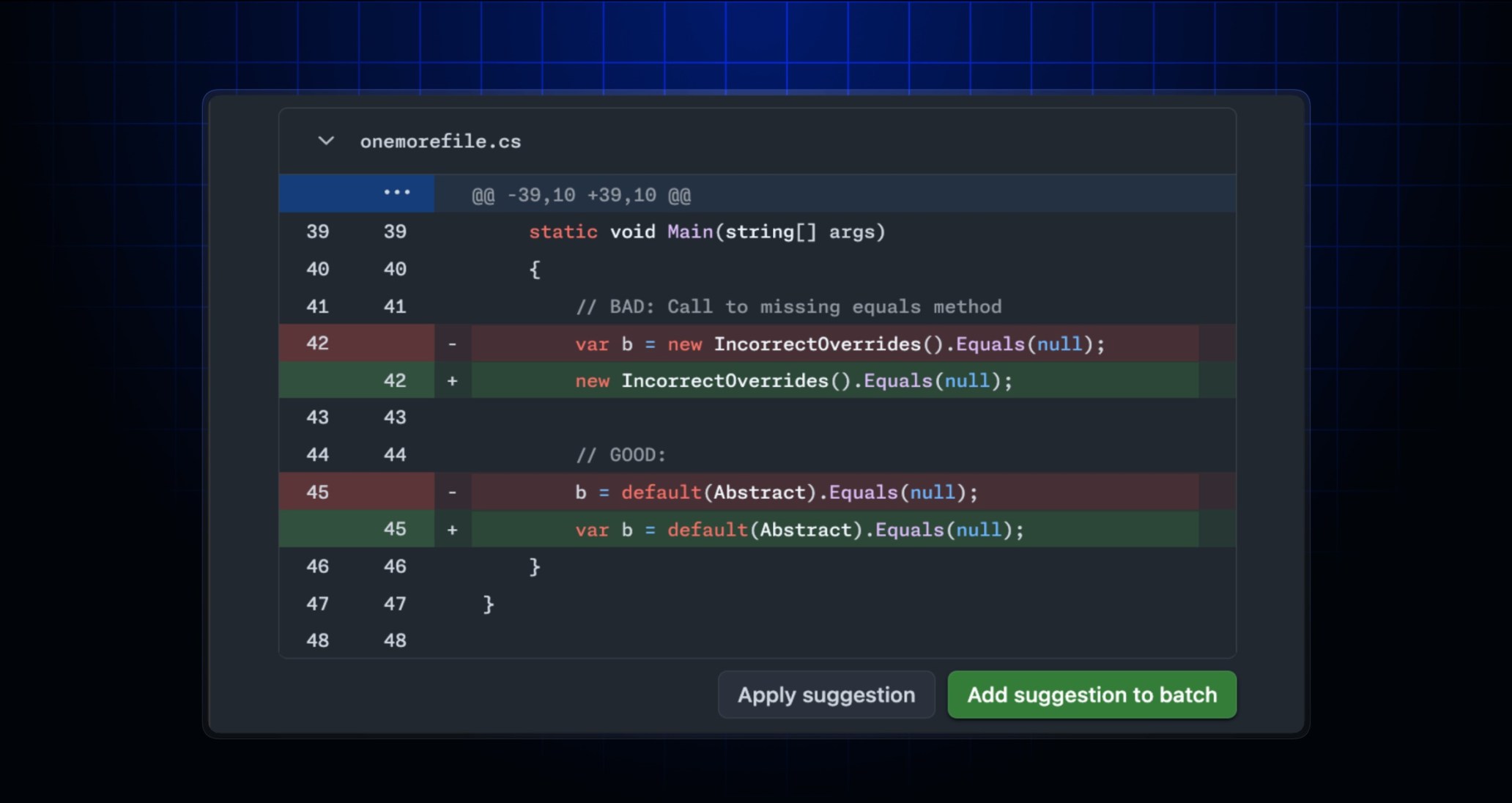 Screen showing a code quality suggestion in the Files changed tab in a pull request.