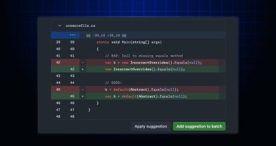 Screen showing a code quality suggestion in the Files changed tab in a pull request.