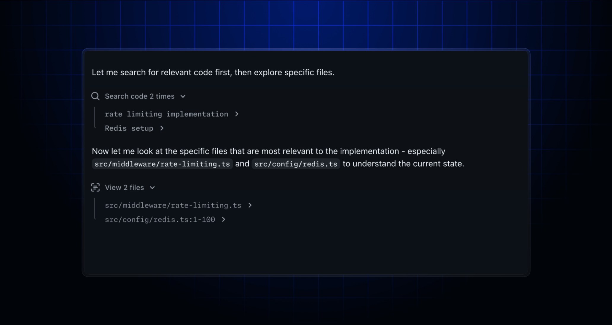 Agent session logs for Copilot coding agent showing the semantic search tool being used