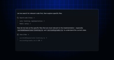 Agent session logs for Copilot coding agent showing the semantic search tool being used