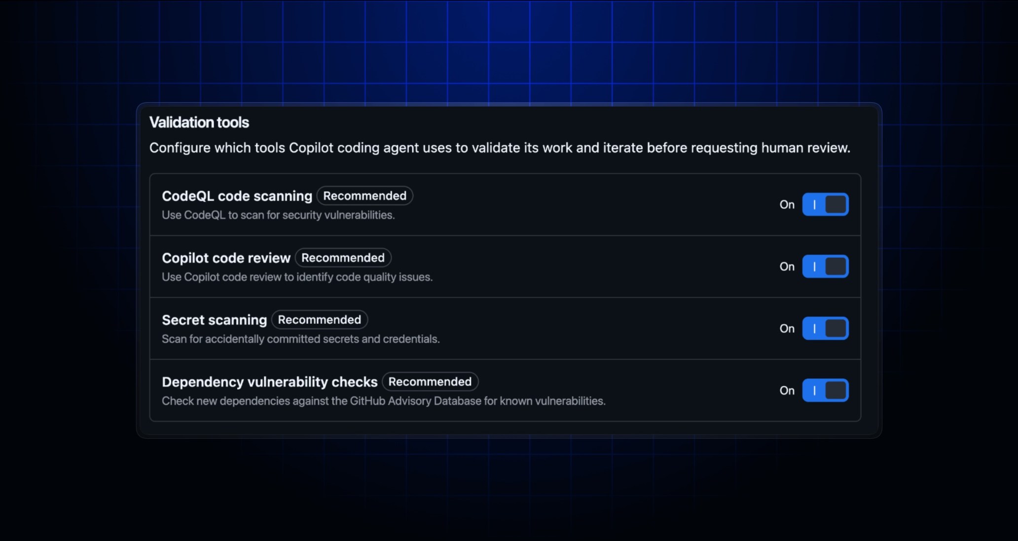 Screenshot of Copilot coding agent validation tools settings in a GitHub repository