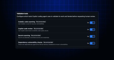 Screenshot of Copilot coding agent validation tools settings in a GitHub repository