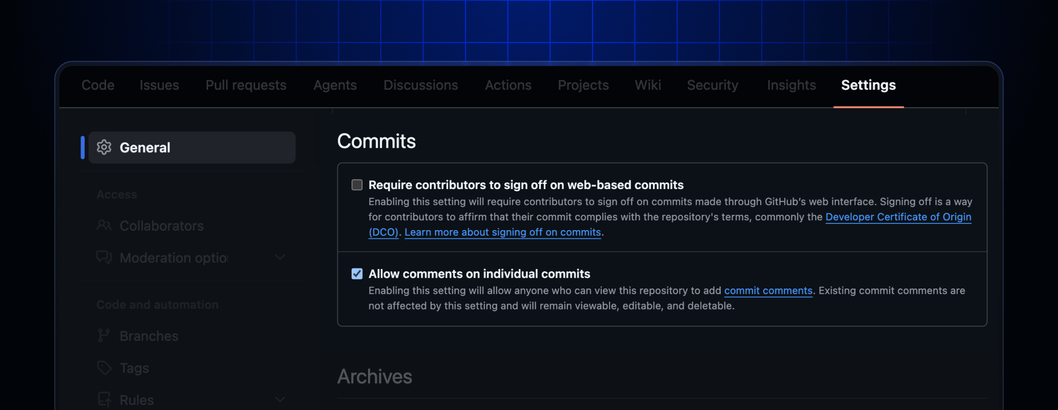 The GitHub Settings tab, showcasing the General settings. Under a Commits header, there are two settings with checkboxes: "Require contributors to sign off on web-based commits" and "Allow comments on individual commits." The second setting is selected.