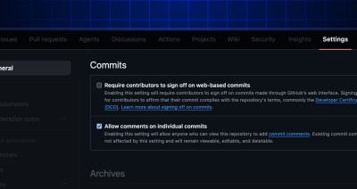 The GitHub Settings tab, showcasing the General settings. Under a Commits header, there are two settings with checkboxes: "Require contributors to sign off on web-based commits" and "Allow comments on individual commits." The second setting is selected.