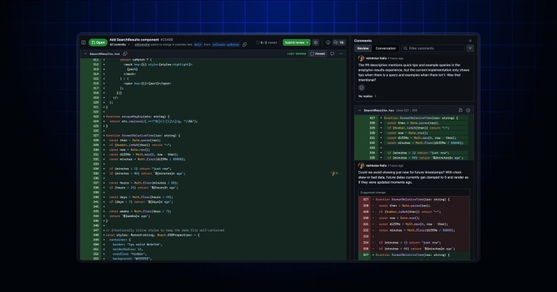 View code and comments side-by-side in pull request Files changed page ...