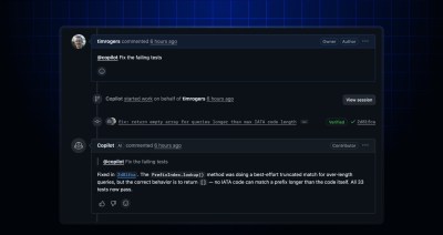 Header image with a screenshot of a comment mentioning @copilot