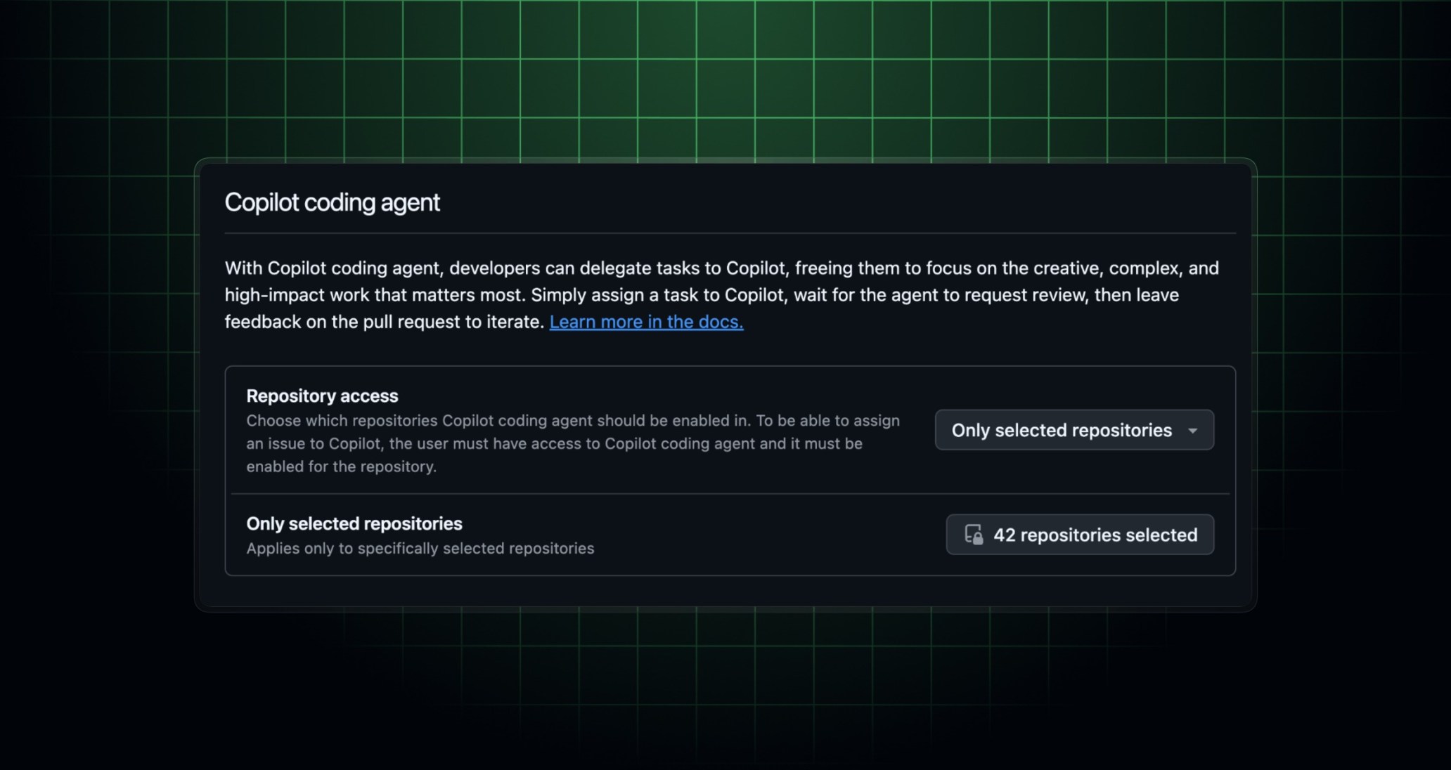 Header image with a screenshot of the UI for managing Copilot coding agent repository access for an organization