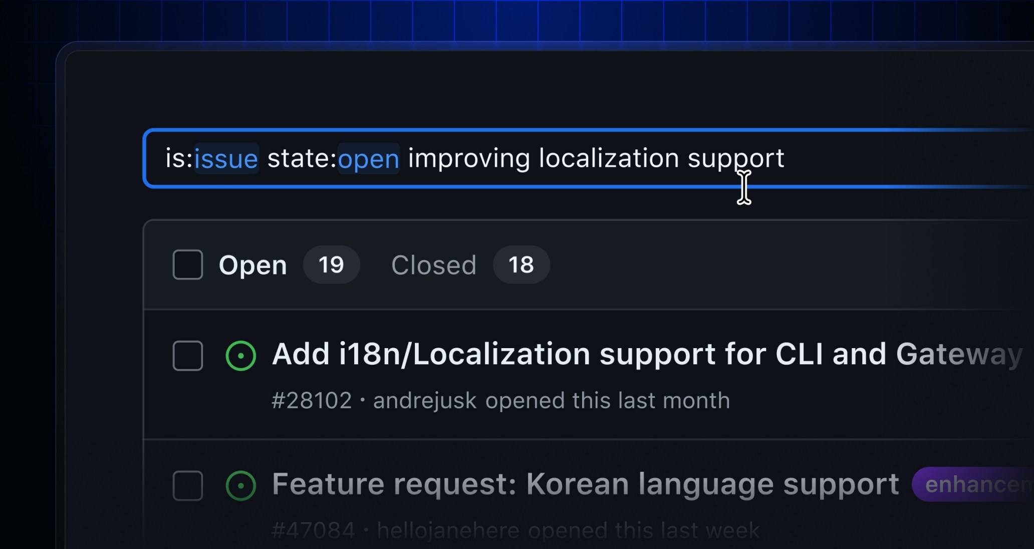A visual example of GitHub semantic search, showing a search for "improving localization support" successfully finding related issues about "i18n" and specific languages like Korean