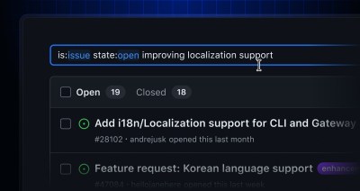 A visual example of GitHub semantic search, showing a search for "improving localization support" successfully finding related issues about "i18n" and specific languages like Korean