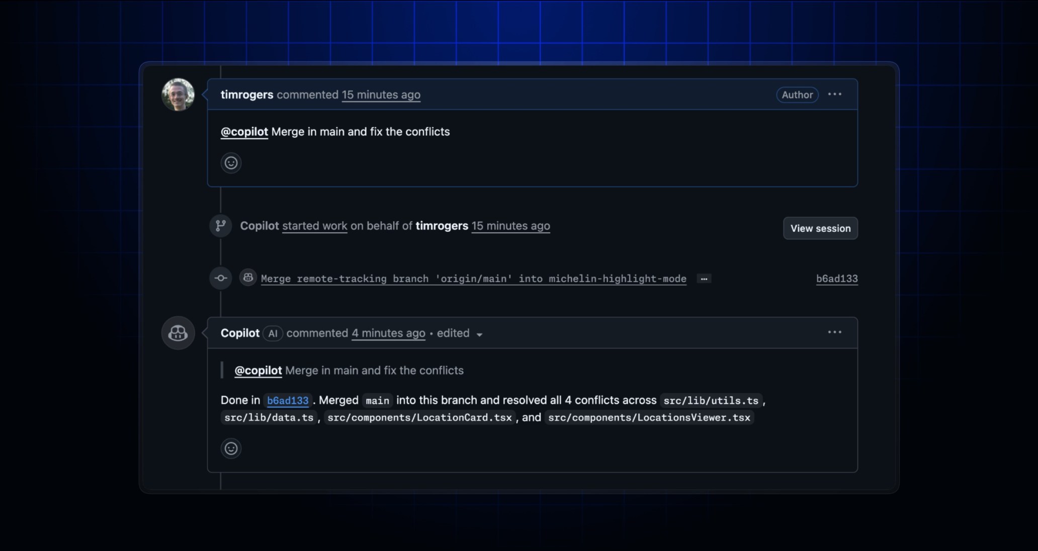 Header image with a screenshot of mentioning Copilot on a pull request and asking it to fix merge conflicts