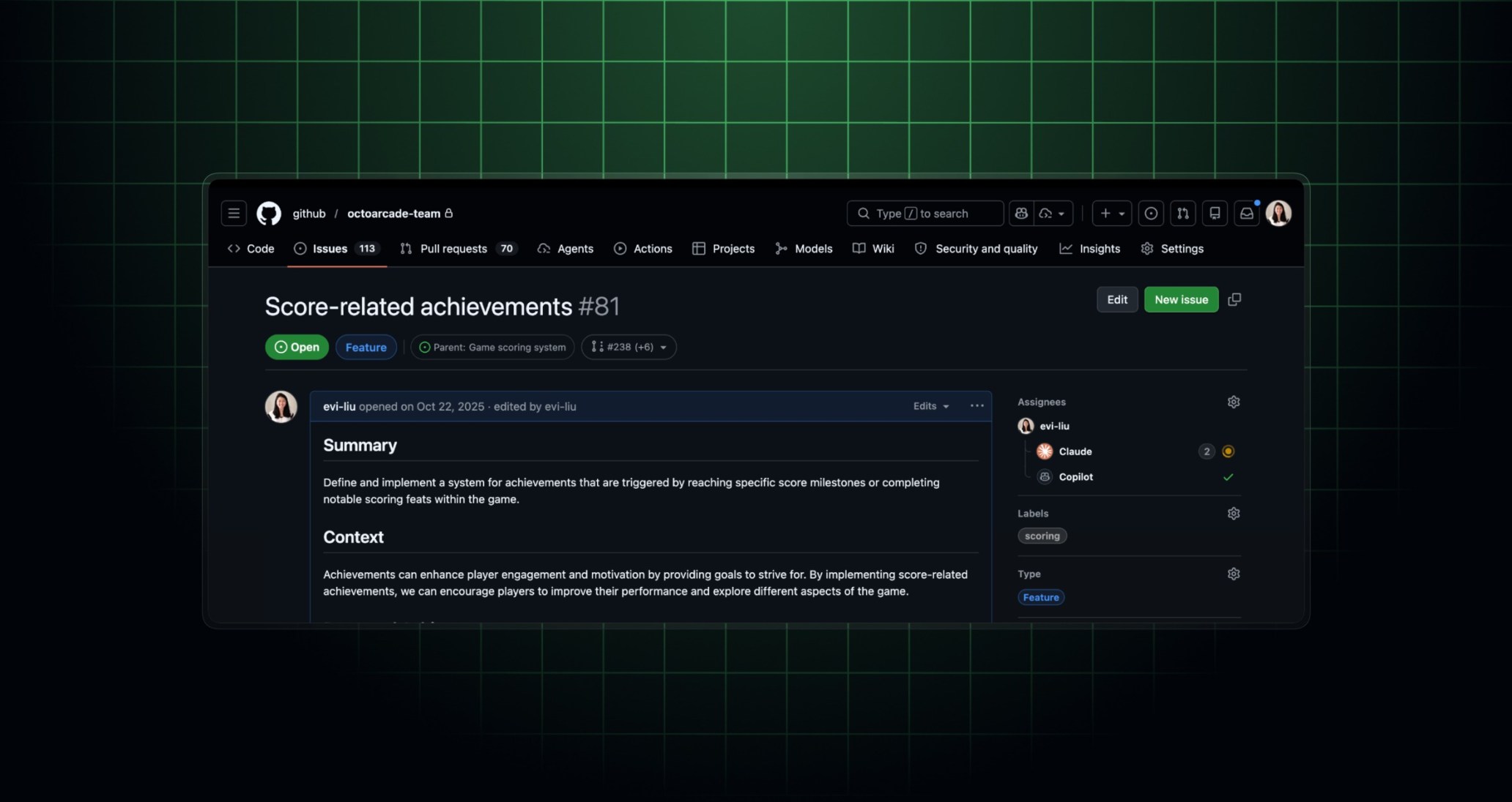 An issue on GitHub with assigned agent sessions