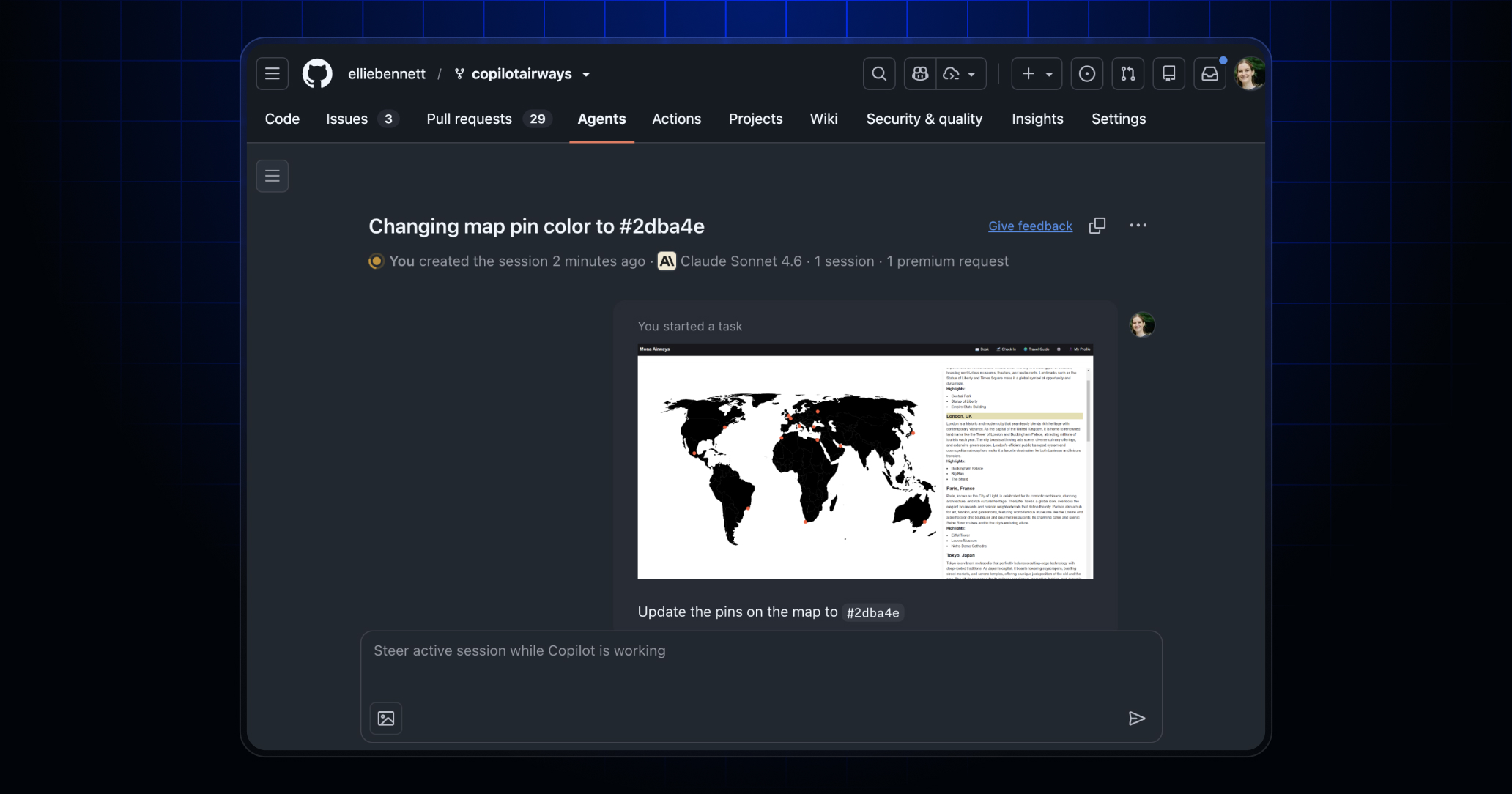 GitHub UI showing an image uploaded to GitHub Copilot to kick of an agent session.